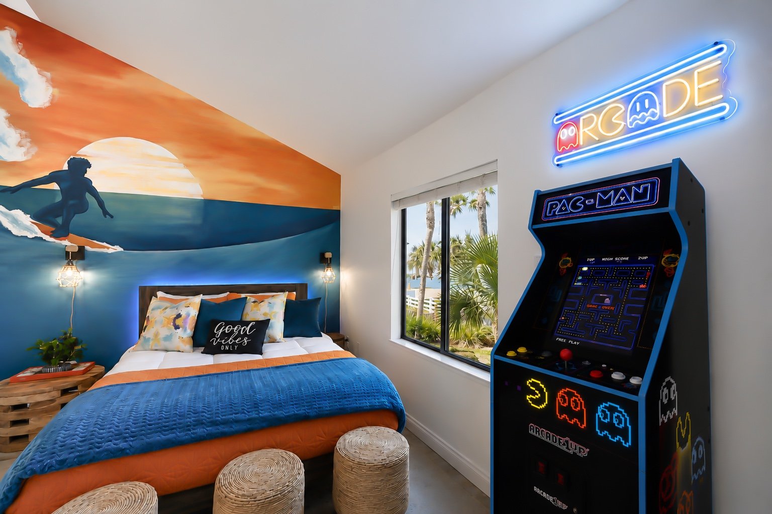 Colorful vacation rental arcade bedroom photographed by Pic Me STR Photography