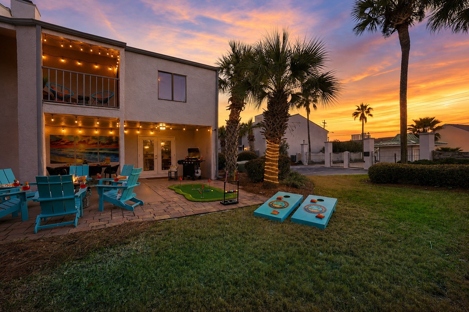 Vacation rental outdoor amenities at sunset photographed by Pic Me STR Photography